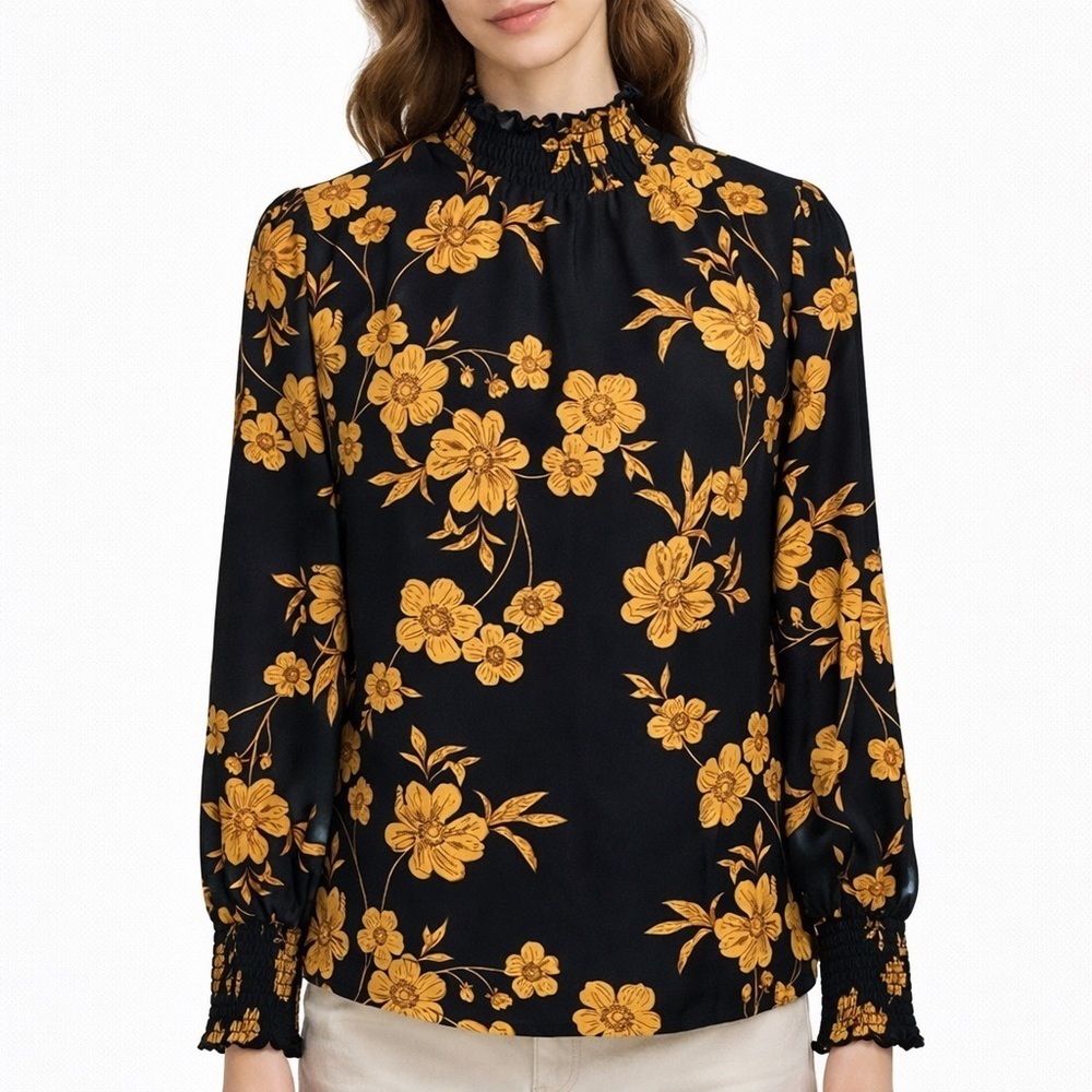 Sanctuary Smocked Mock Neck Floral Blouse Small Black Mustard Yellow Ruffle Top